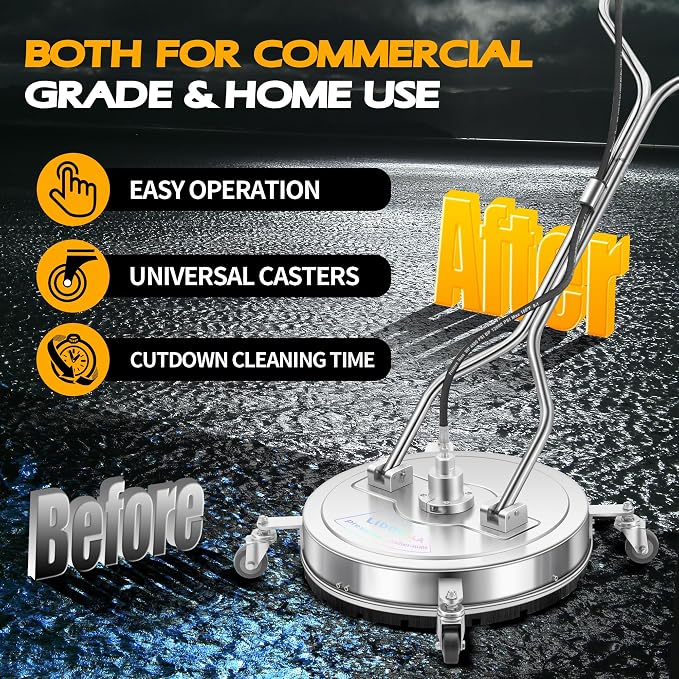 LidoDola 20'' Pressure Washer Surface Cleaner, Power Washer Accessory | Stainless Steel Body, Dual Handles, 4 Replacement Nozzles, Ideal for driveways, decks & patios—clean effortlessly