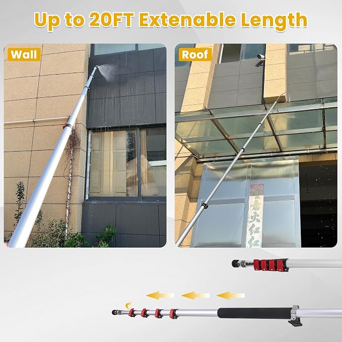 M MINGLE 20 FT Telescoping Pressure Washer Wand with Brush Head | Gutter Cleaner Attachment, 5 Nozzle Tips and Hose Adapters, Ideal for House Exterior, Window & Roof Cleaning