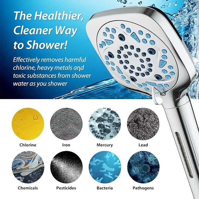 AquaCare High Pressure 10 Spray Mode Filtered Showerhead - Handheld Shower Head Filters Chlorine to Heal Dry Skin, Revive Hair - Dual Power Wash Cleans Tub, Tile, Pets - Hard Water Softener, Chrome