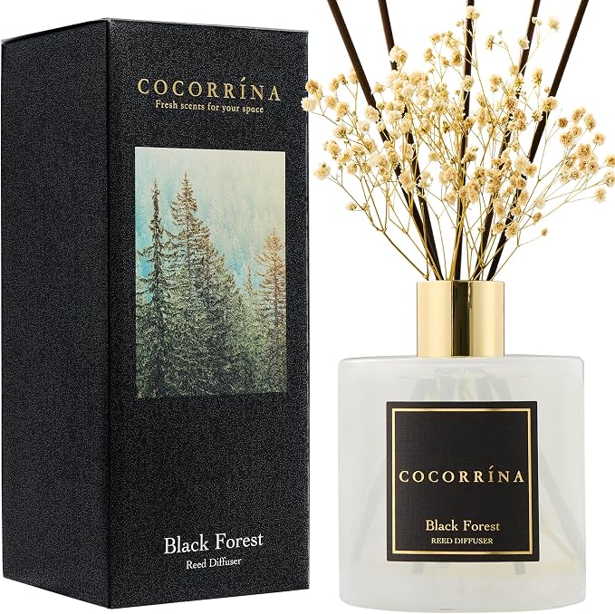 Reed Diffuser - Black Forest 17 Fl.oz Reed Diffuser with 8 Sticks Scented Diffuser with Preserved Flowers for Bathroom Home Decor