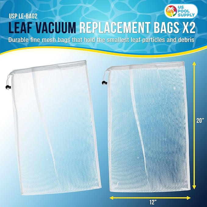 U.S. Pool Supply Fine Mesh Filter Bags for Leaf Vacuum Pool Cleaners, 2 Pack - 12" x 20" Replacement Net Bags, Pull-N-Lock Cord, Holds Leaves & Debris - Universal Fit, Leaf Terminator, Eater, Gulper
